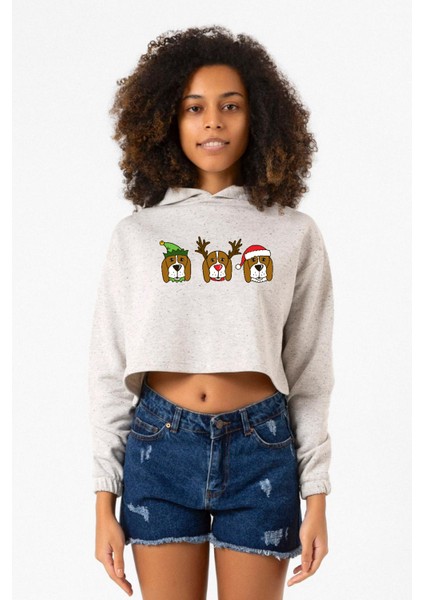 3 Wise Beagles Christmas Beyaz Kırçıllı Kadın Crop Kapşonlu