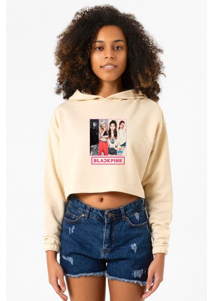 Black Pink Band Bej Kadın Crop Kapşonlu