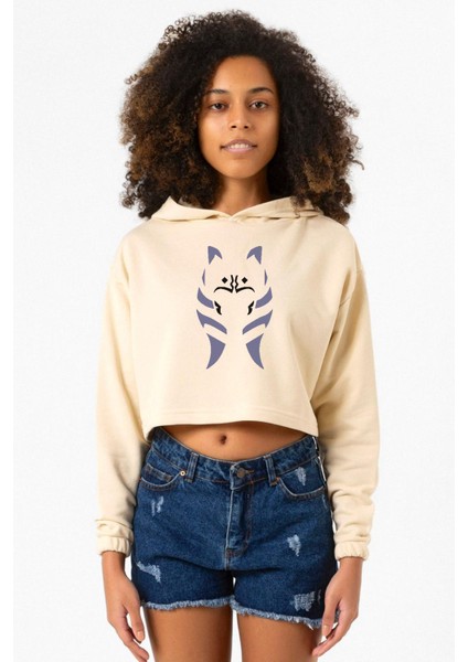 Ahsoka Tano Minimal Bej Kadın Crop Kapşonlu