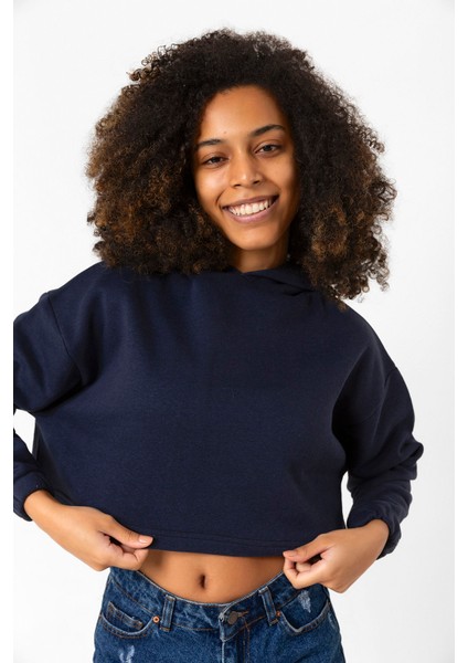 Basic Lacivert Kapüşonlu Crop Sweatshirt