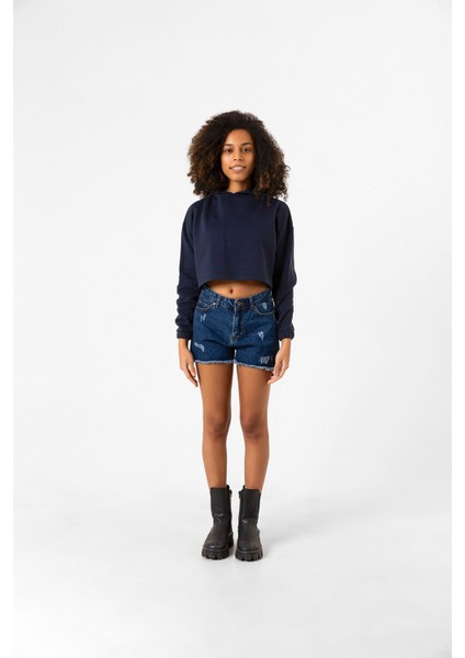 Basic Lacivert Kapüşonlu Crop Sweatshirt fırsatları