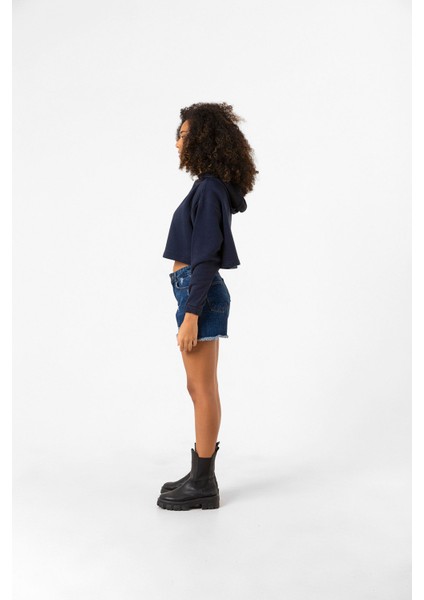 Basic Lacivert Kapüşonlu Crop Sweatshirt indirimleri