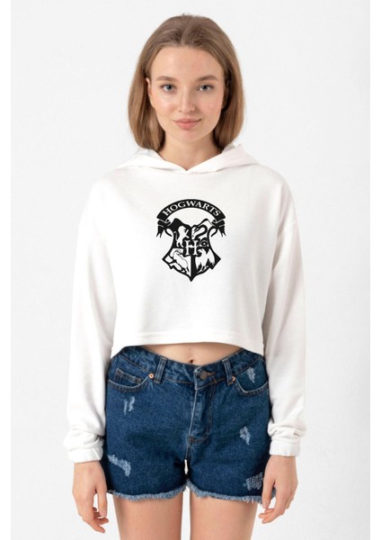 Hp Hogwarts Ekru Kadın Crop Kapşonlu