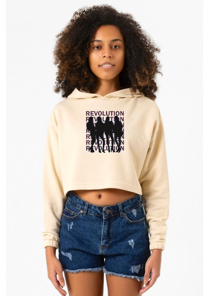 Blackpink Revolution Bej Kadın Crop Kapşonlu
