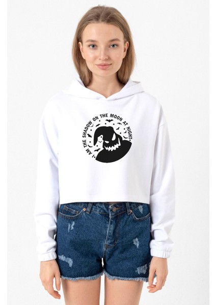 Oogie Boogie Beyaz Optik Kadın Crop Kapşonlu