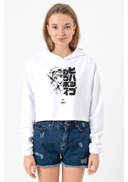 Cowboy Bebop Vintage Ein And Ed Beyaz Optik Kadın Crop Kapşonlu
