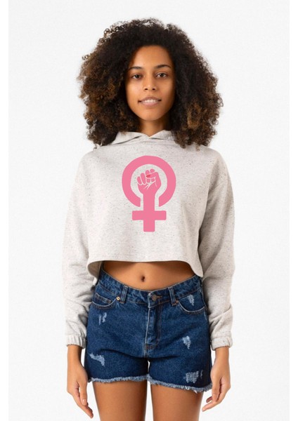 Pink Venus Symbol Hand Beyaz Kırçıllı Kadın Crop Kapşonlu