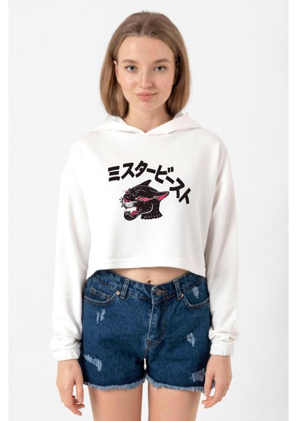 Mr Beast Kanji Ekru Kadın Crop Kapşonlu