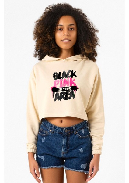 Black Pink In Your Area Bej Kadın Crop Kapşonlu