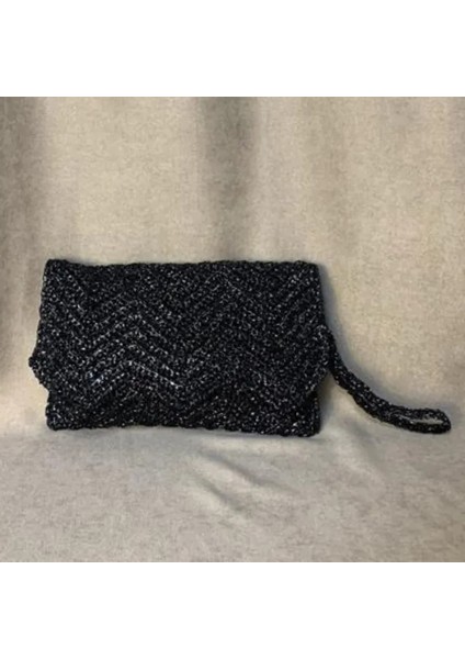 El Örgüsü Rafya Ip Siyah Clutch Çanta