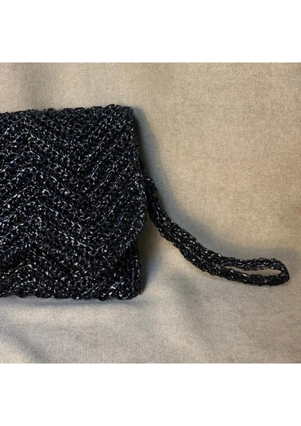 El Örgüsü Rafya Ip Siyah Clutch Çanta