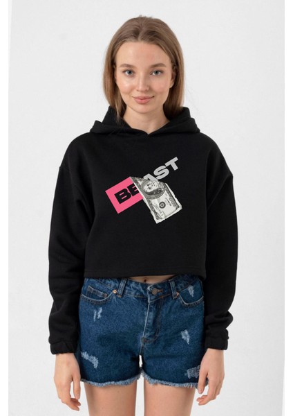 Mr Beast Dollar Bill Siyah Kadın Crop Kapşonlu