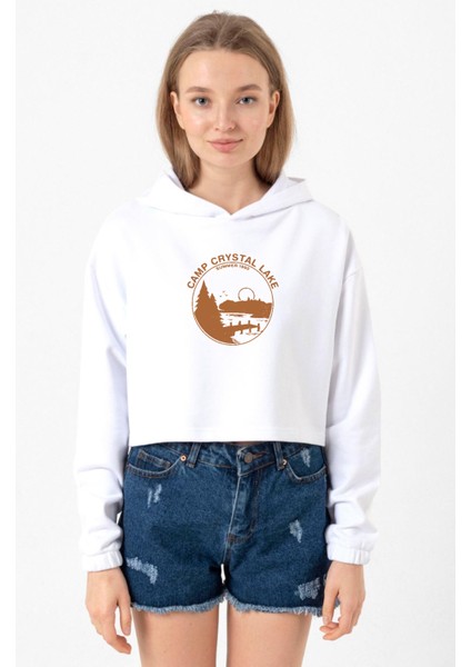 Friday The 13TH Camp Crystal Lake Beyaz Optik Kadın Crop Kapşonlu