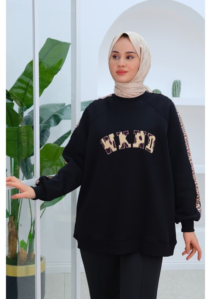 Leopar Şerit Detaylı Sweat Siyah