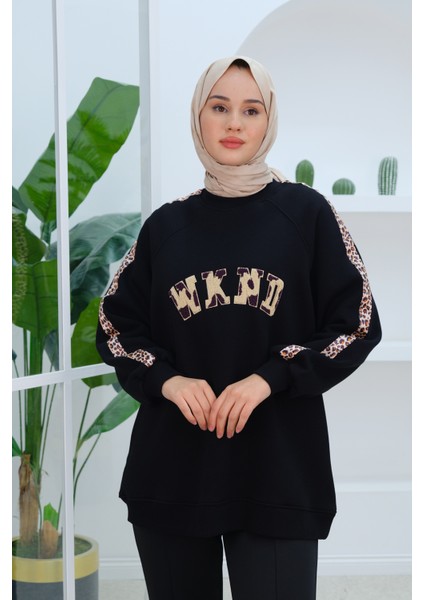 Leopar Şerit Detaylı Sweat Siyah