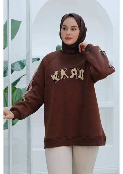 Leopar Şerit Detaylı Sweat Kahverengi