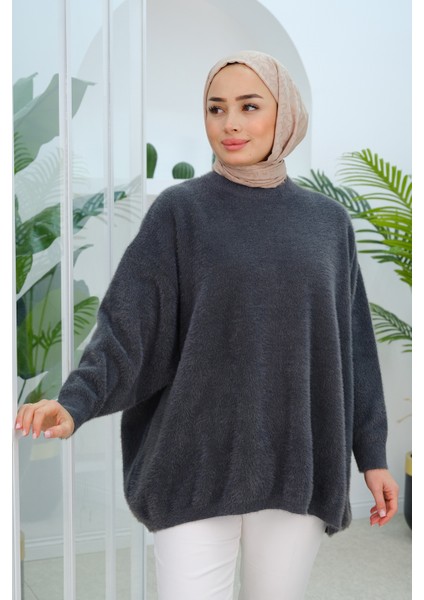 Oversize Kesim Peluş Kazak Füme