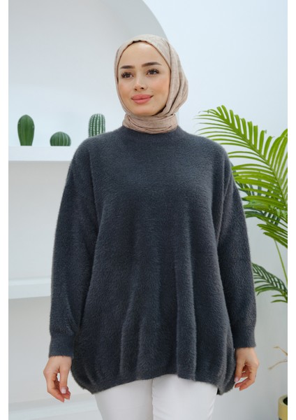 Oversize Kesim Peluş Kazak Füme