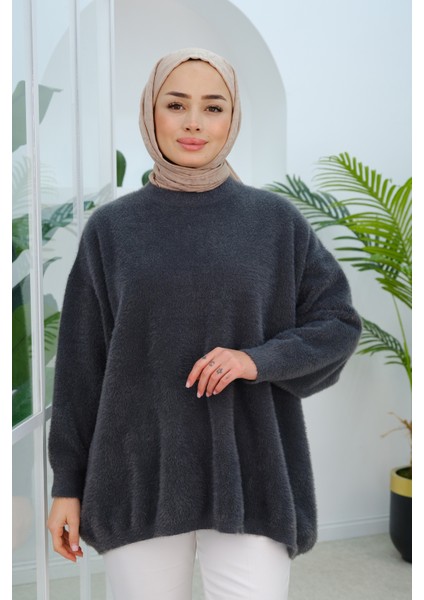 Oversize Kesim Peluş Kazak Füme