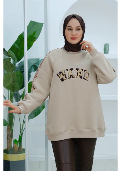 Leopar Şerit Detaylı Sweat Krem