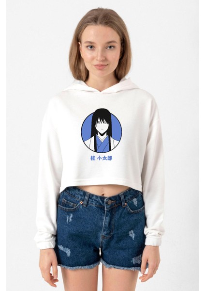 Gintama Anime Kotaro Minimal Ekru Kadın Crop Kapşonlu