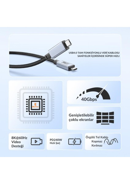 Jasoz 2mt E-Marker Çip Thunderbolt Usb4.0 Pd 240W Şarj Kablosu 8k 60hZ Görüntü Aktarım 40GBPS