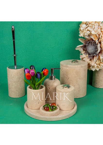Dekoratif Traverten Mermer Oval Banyo Seti Takımı 7 Li Pirinç Detaylı Tasarım Set