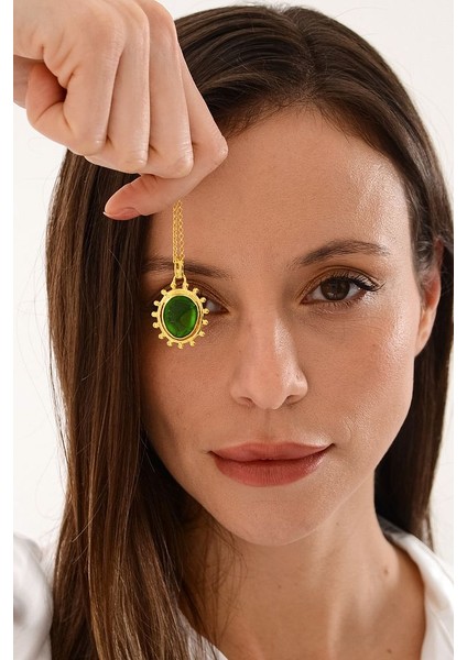 14 K Gold Kaplama 925 Ayar Gümüş Cam Baskı Firavun Antik Kolye