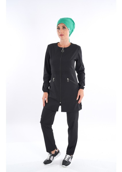 Badem Model Soft Likra Fermuarlı Siyah Renk Cerrahi Üniforma Takım