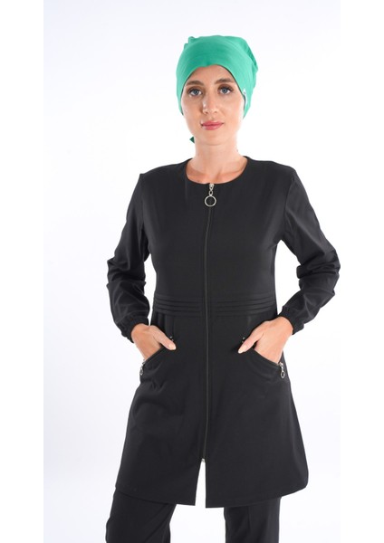 Badem Model Soft Likra Fermuarlı Siyah Renk Cerrahi Üniforma Takım modelleri