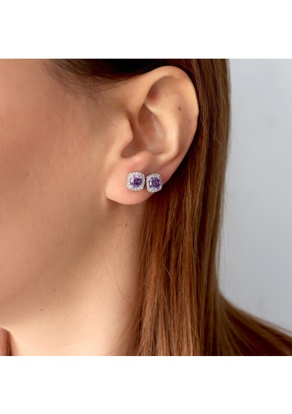 925 Ayar Gümüş Ametist Taşlı Kare Pırlanta Montürlü Gümüş Küpe fiyatları