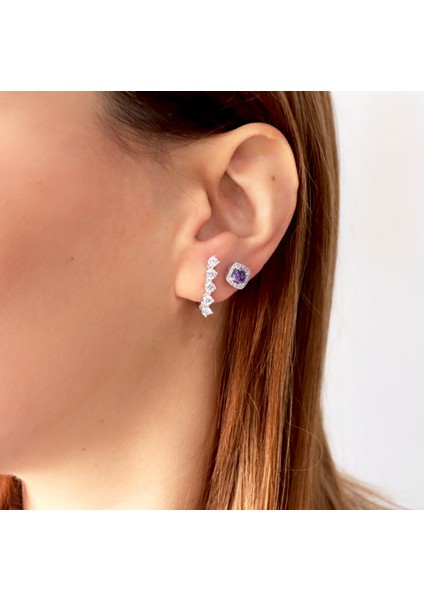 925 Ayar Gümüş Ametist Taşlı Kare Pırlanta Montürlü Gümüş Küpe modelleri