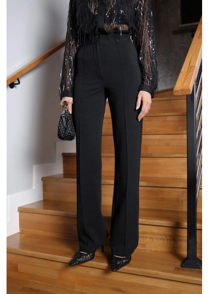 Kadın Yüksek Bel Siyah Kumaş Likralı Palazzo Pantolon-