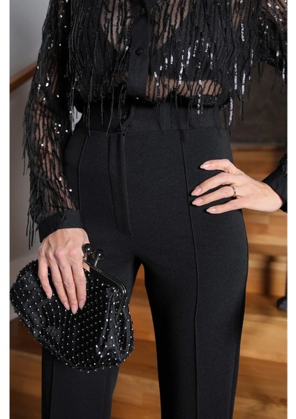 Kadın Yüksek Bel Siyah Kumaş Likralı Palazzo Pantolon- fiyatları