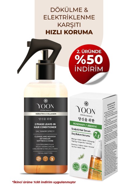 2'li Vegan Saç Spreyi ve Saç Serumu - 7 Doğal Aktif - Keratin ve Kolajen İçerikli - Saç Derisi ve Uçları İçin Bakım Seti