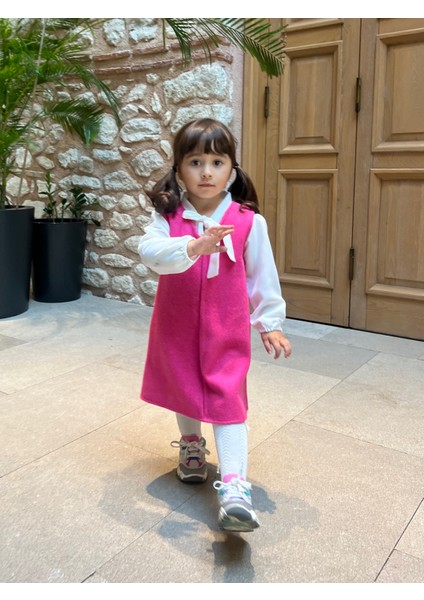 Pembe Kaşe Kız Çocuk Kışlık V Yaka Jile Elbise