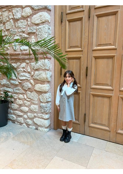 Gri Kaşe Kız Çocuk Kışlık V Yaka Jile Elbise fiyatları