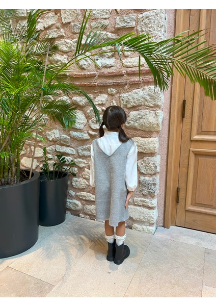 Gri Kaşe Kız Çocuk Kışlık V Yaka Jile Elbise modelleri