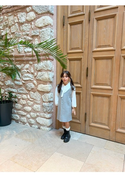 Gri Kaşe Kız Çocuk Kışlık V Yaka Jile Elbise fırsatları