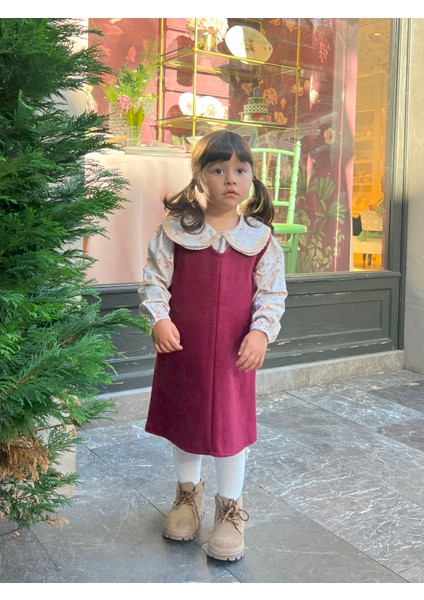 Bordo Kaşe Kız Çocuk Kışlık V Yaka Jile Elbise