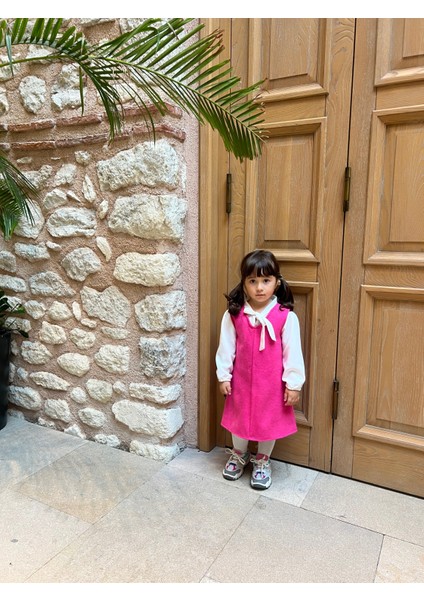Pembe Kaşe Kız Çocuk Kışlık V Yaka Jile Elbise fiyatları