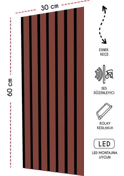 Mdf Ahşap Akustik Duvar Paneli 30 x 60 cm - Kiremit
