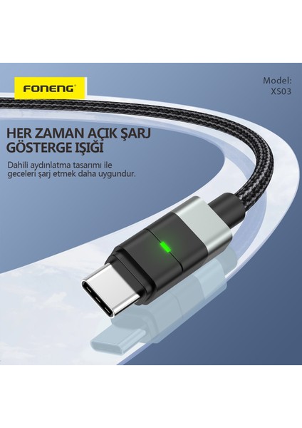 XS03 USB-C to USB-C 1,2 Metre Örgü Kablo 60W Güç Super Hızlı Şarj/Data Kablosu Siyah