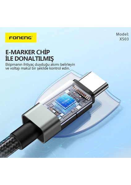 XS03 USB-C to USB-C 1,2 Metre Örgü Kablo 60W Güç Super Hızlı Şarj/Data Kablosu Siyah
