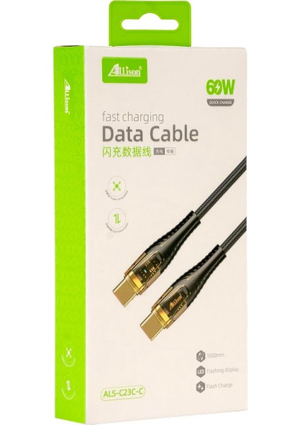 120W Hızlı Şarj Type-C To Type-C Kablo - Şeffaf ve Siyah Örgü
