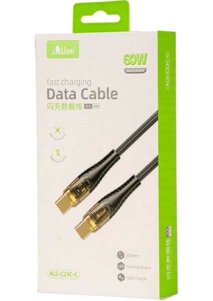 120W Hızlı Şarj Type-C To Type-C Kablo - Şeffaf ve Siyah Örgü