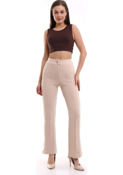 Yüksek Bel Krep Kumaş Likralı Krem Palazzo Pantolon