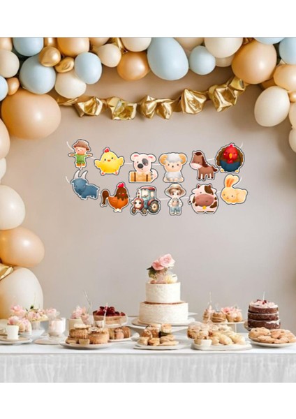 Çiftlik Hayvanları Temalı Doğumgünü Banner Flama 12 Parça Parti Süsü Doğum Günü Süsü Kalın Karton