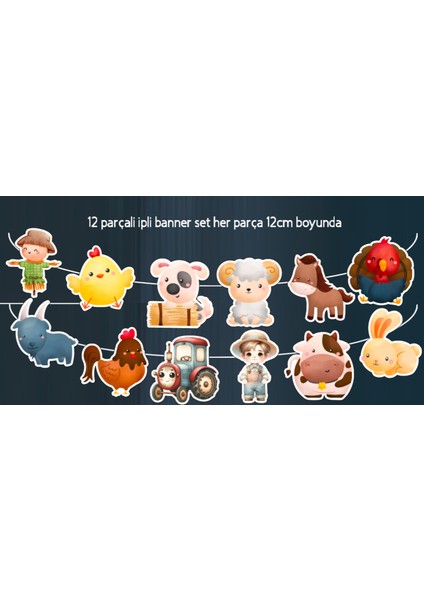 Çiftlik Hayvanları Temalı Doğumgünü Banner Flama 12 Parça Parti Süsü Doğum Günü Süsü Kalın Karton modelleri