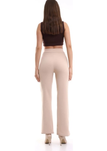Yüksek Bel Krep Kumaş Likralı Krem Palazzo Pantolon fırsatları